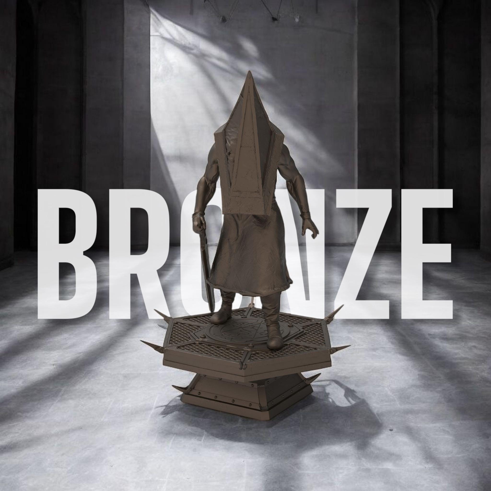 A menacing figure stands on a spiked platform, clad in a long, tattered robe with a massive pyramid-shaped helmet. He grips a large, rusted blade, exuding an aura of terror. Shadows stretch behind him, amplifying his ominous presence.