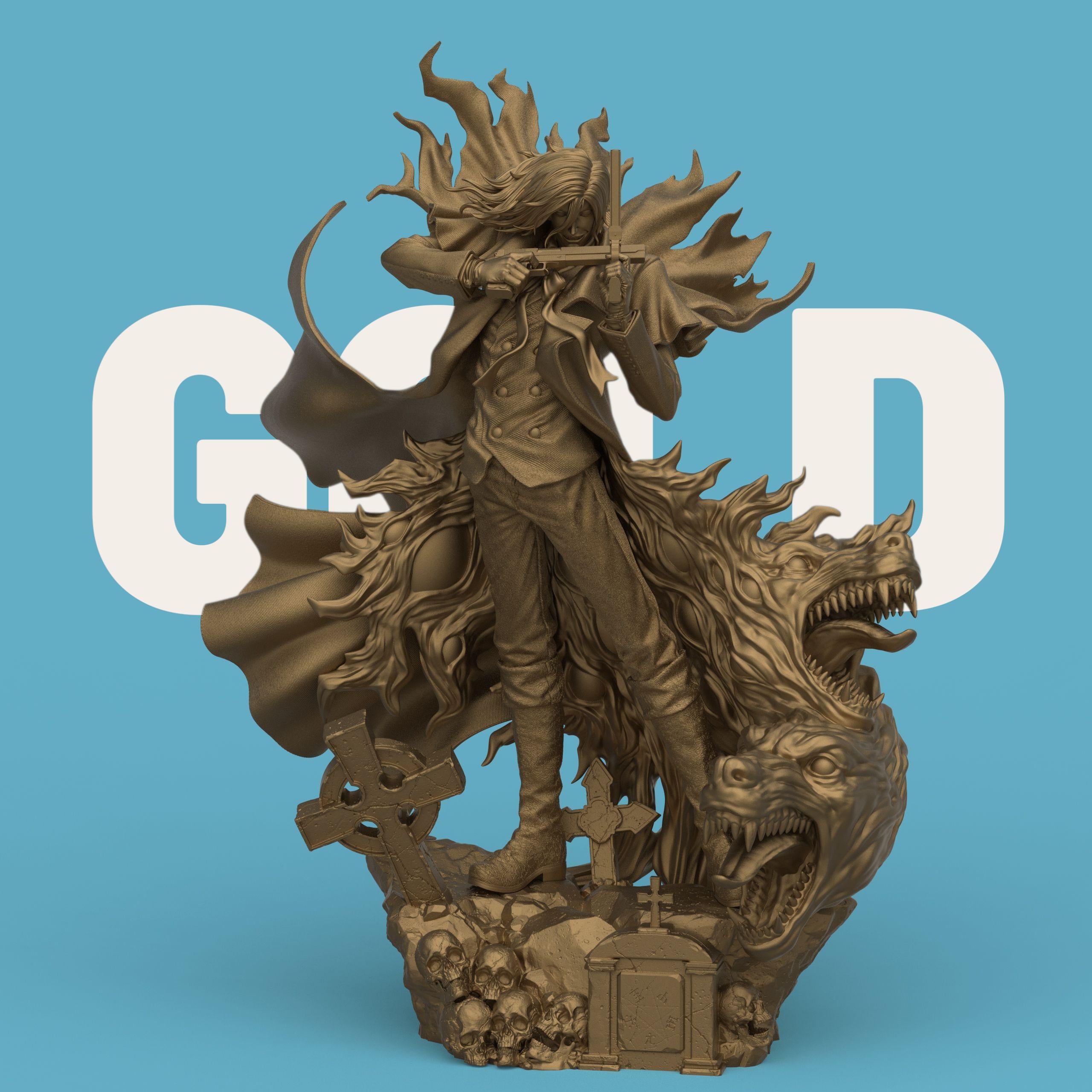 Highly detailed 3D-printed Alucard figurine, depicting a dark, vampire-like warrior in a red coat wielding dual pistols. The figure stands atop a gothic base adorned with skulls and gravestones, surrounded by swirling red demonic energy and snarling beast heads, capturing a dramatic and supernatural atmosphere.