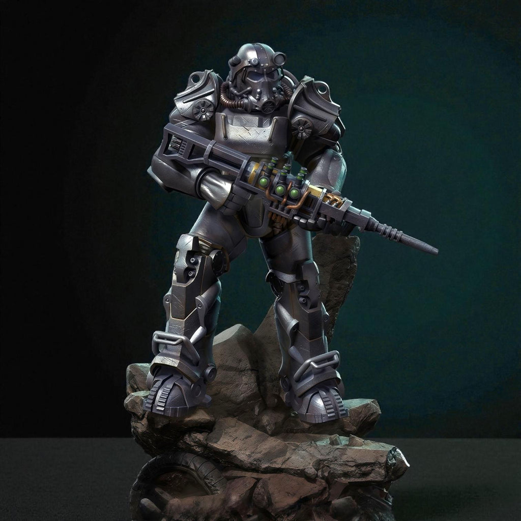 3D-printed T-60 Power Armor figurine featuring a heavily armored soldier standing on a rocky base. The detailed design showcases metallic plating, mechanical joints, and a futuristic energy weapon — a perfect collectible for sci-fi fans and post-apocalyptic enthusiasts.