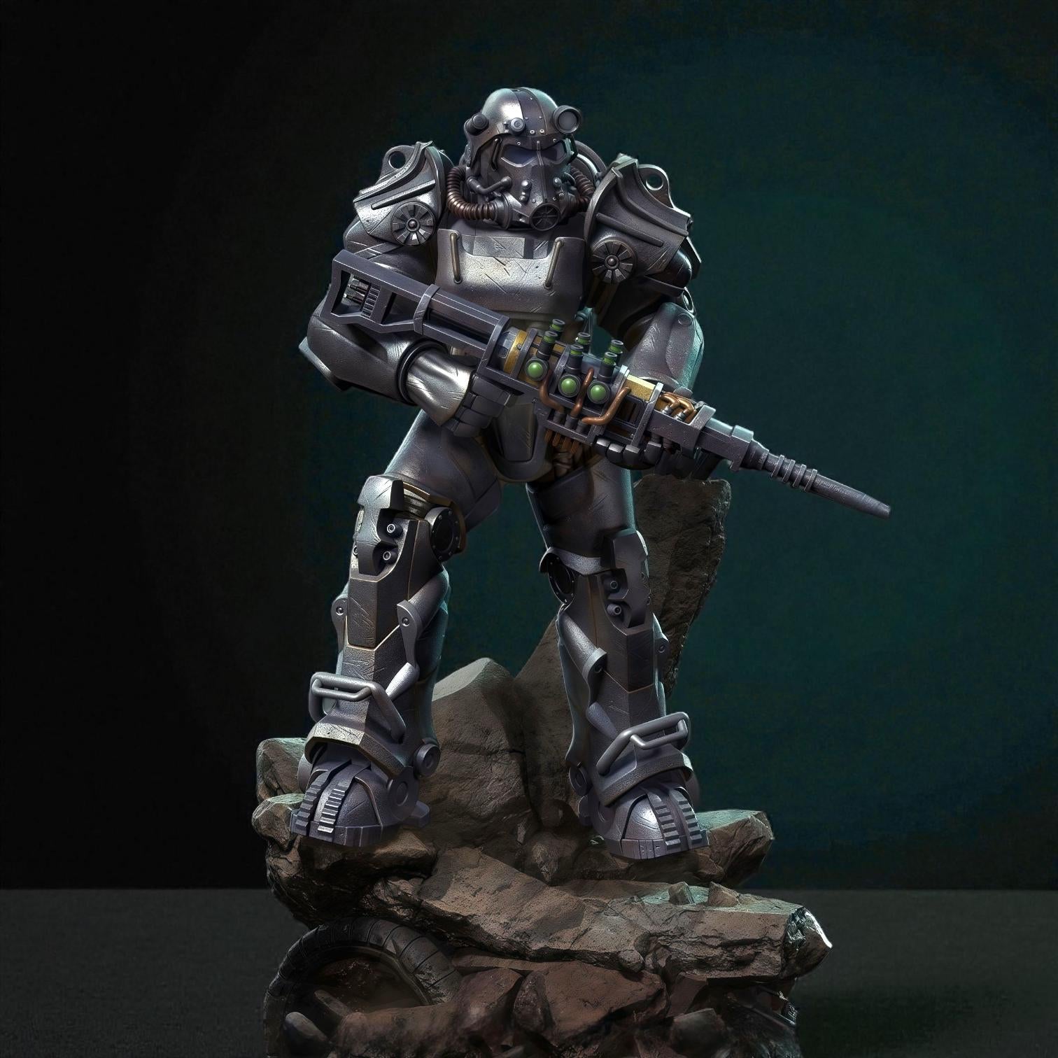 3D-printed T-60 Power Armor figurine featuring a heavily armored soldier standing on a rocky base. The detailed design showcases metallic plating, mechanical joints, and a futuristic energy weapon — a perfect collectible for sci-fi fans and post-apocalyptic enthusiasts.
