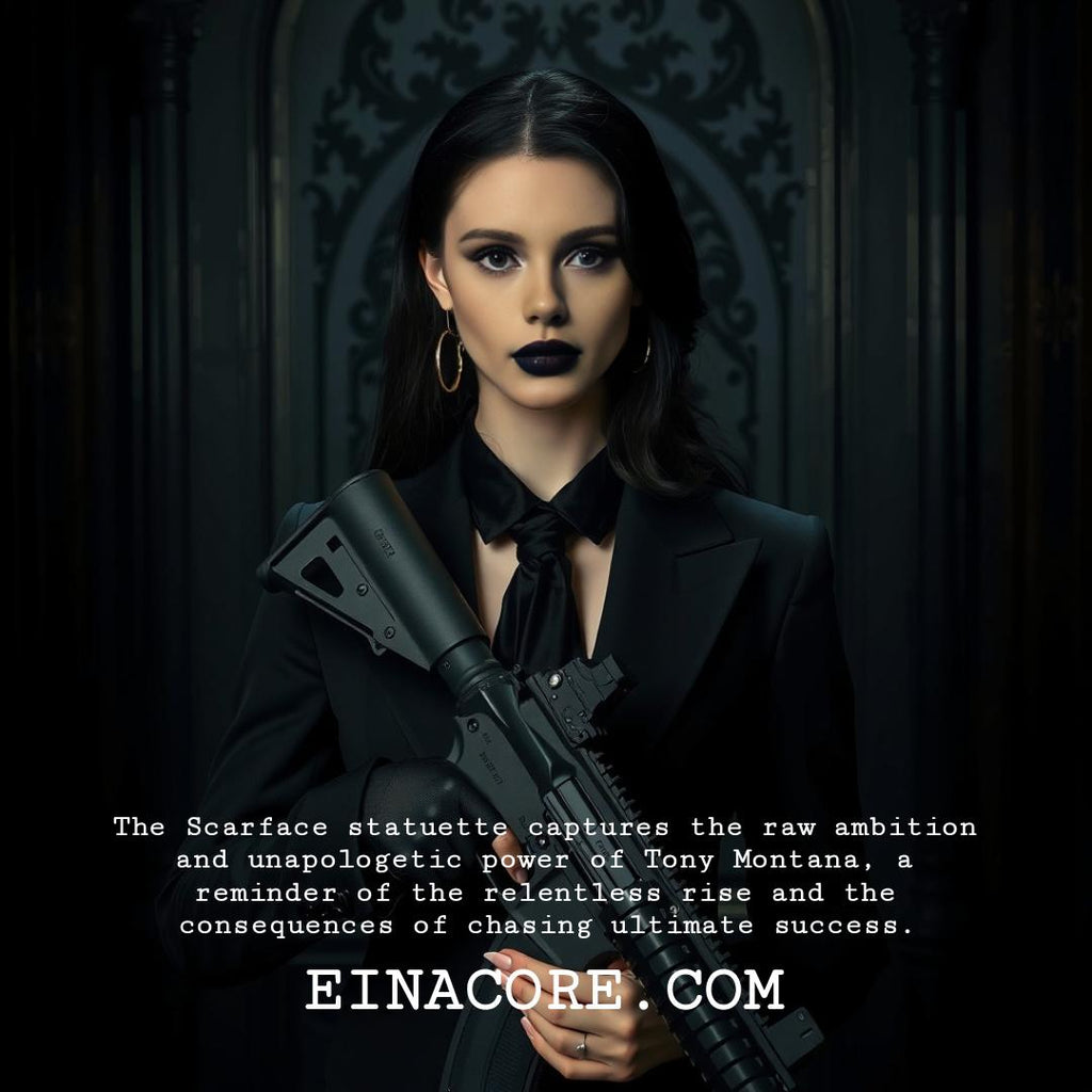 Statuette of Al Pacino as Scarface, depicting a dynamic pose with a rifle in hand, wearing a pinstriped suit and standing on a textured base.