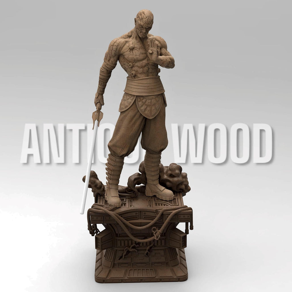 Darth Sion statue, showcasing the Sith Lord’s cracked stone-like body. He stands on a futuristic base, gripping a lightsaber, exuding menace. His battle-worn armor and intense gaze reflect his mastery of the dark side, embodying pain and hatred.