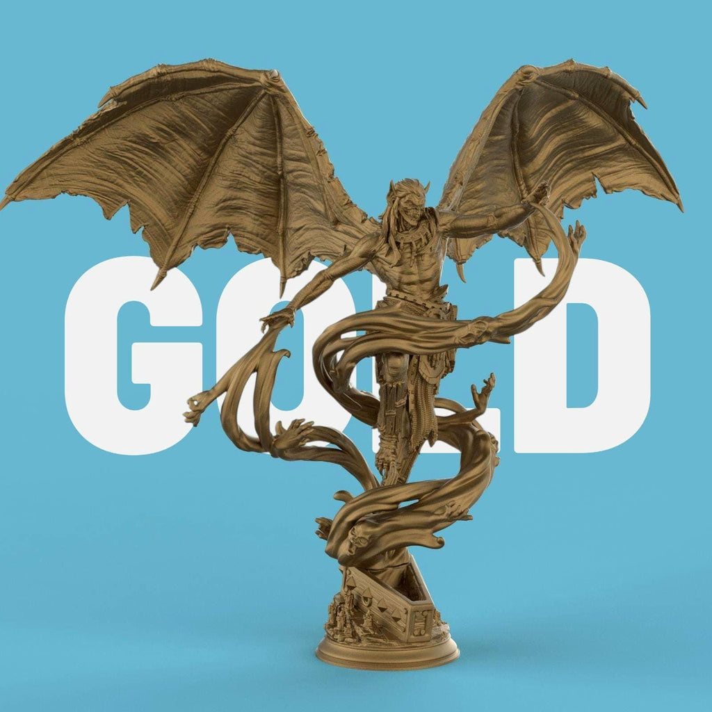 3D-printed statue of Elder Vampire Theldranax, a demonic figure with massive wings, sharp horns, and a muscular form. Twisting spectral hands and tendrils rise from the base, entwining the vampire as he looms with an ominous, commanding presence.