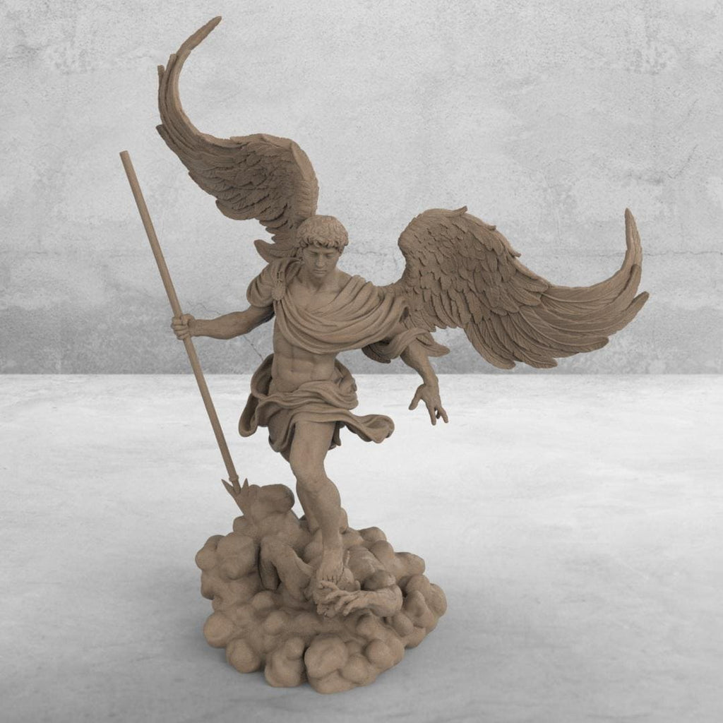 Statue of Archangel with large wings, standing over a defeated demon. Holding a spear, he wears a flowing robe. The base has swirling clouds, symbolizing divinity. Available in multiple finishes.