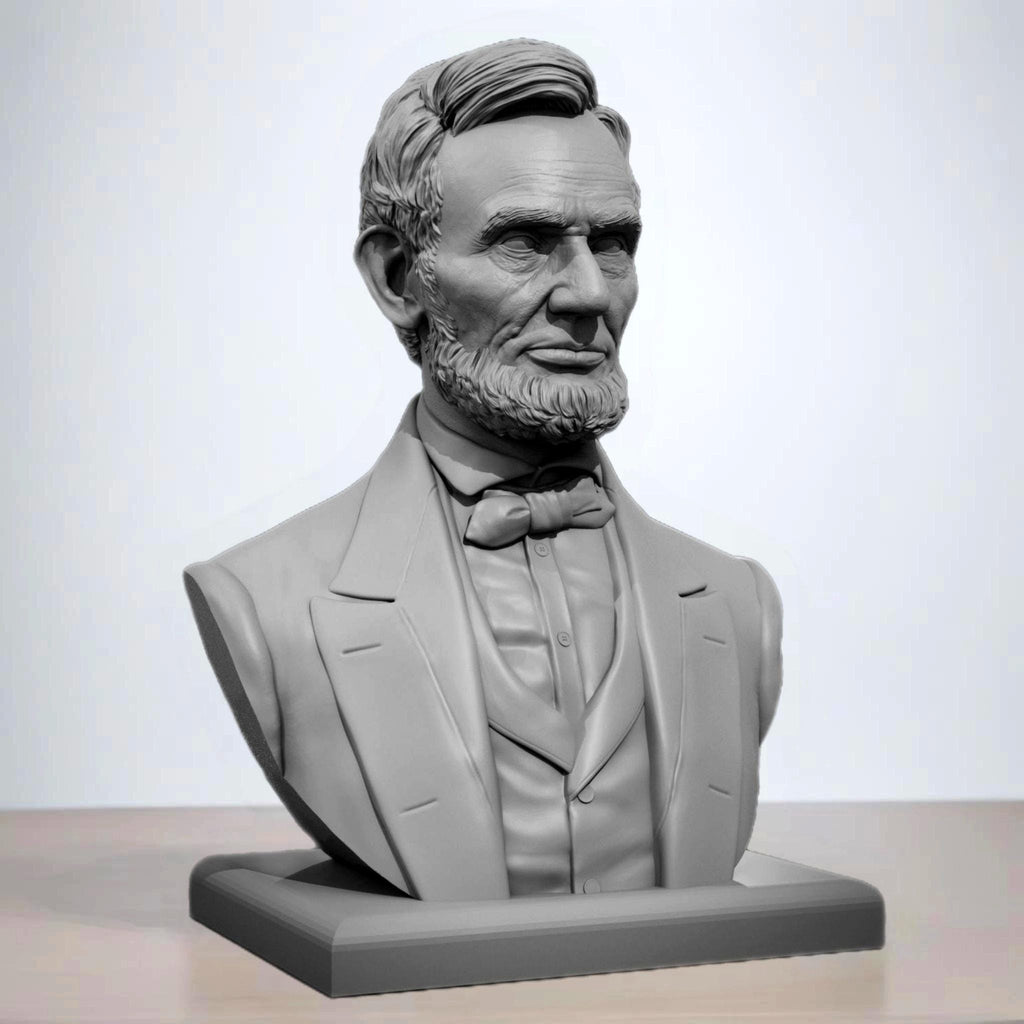 Statue of Abraham Lincoln in a detailed bust format, featuring his iconic beard and dressed in a formal suit with a bow tie, mounted on a rectangular base.