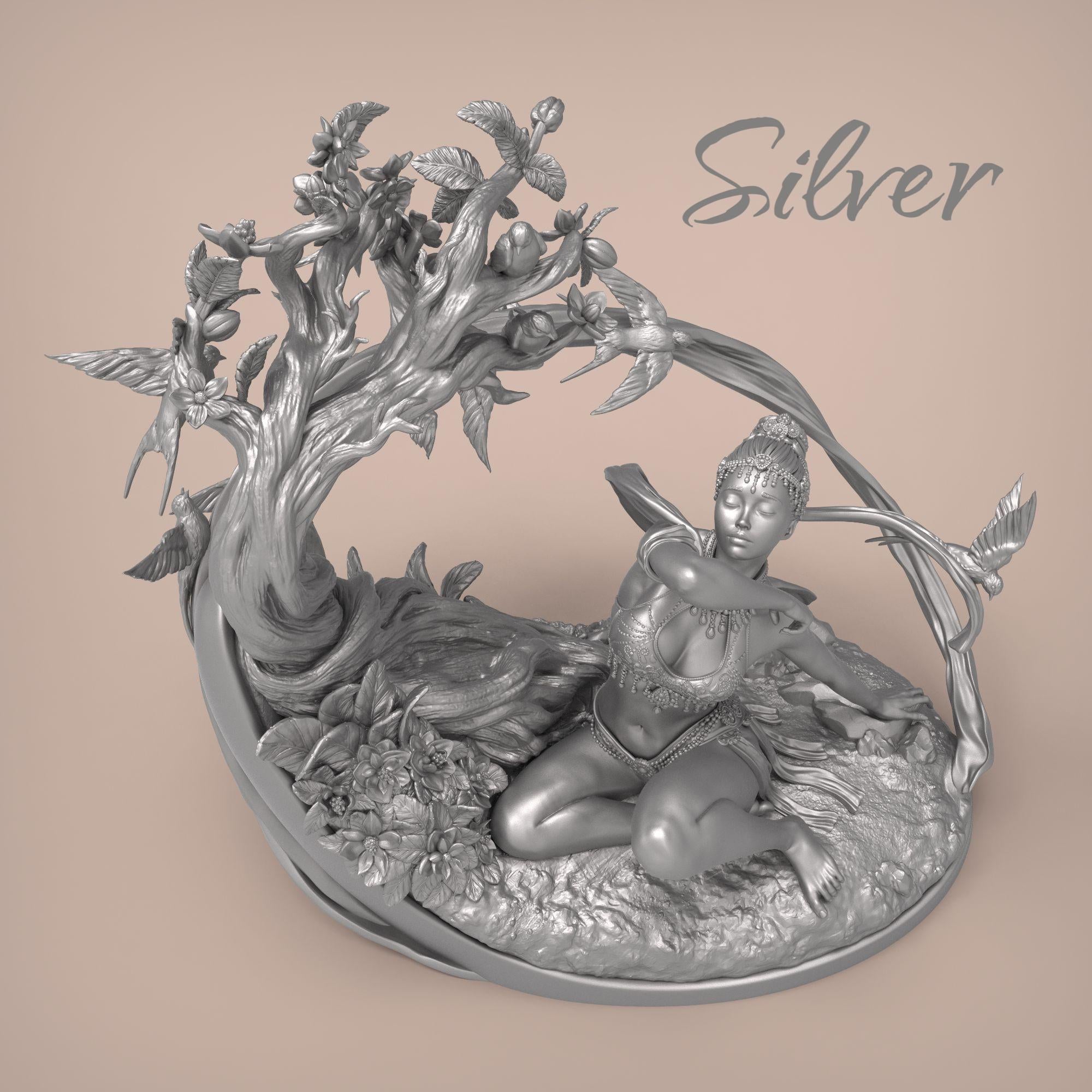 Spring’s Awakening captures a serene goddess embraced by nature as she greets the morning breeze. With flowers blooming around her and birds in flight, this sculpture evokes renewal and harmony. Ideal for fantasy lovers and collectors.