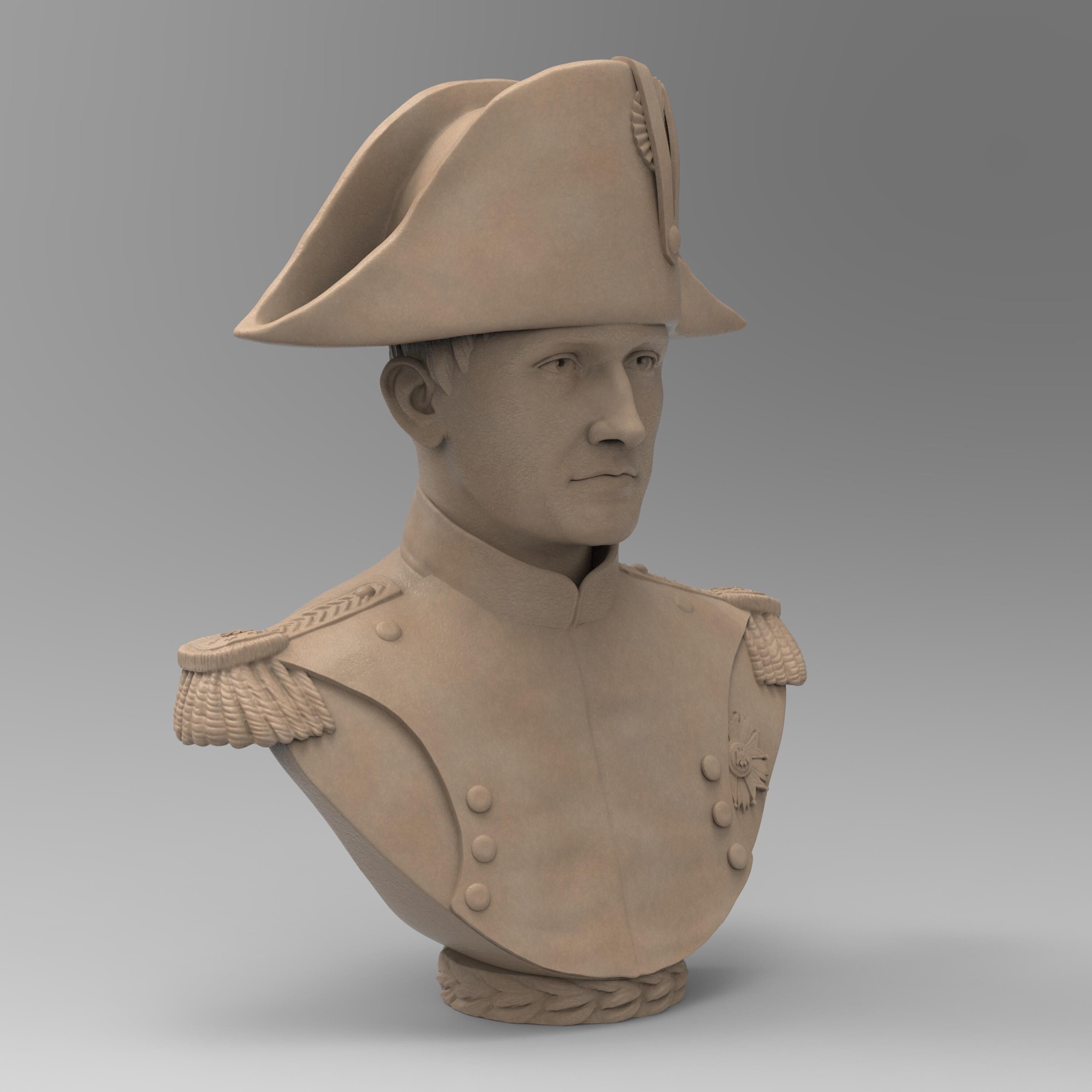 Bust of Napoleon Bonaparte wearing a bicorne hat and detailed military uniform, showcasing epaulets and a medal, set against a neutral background.