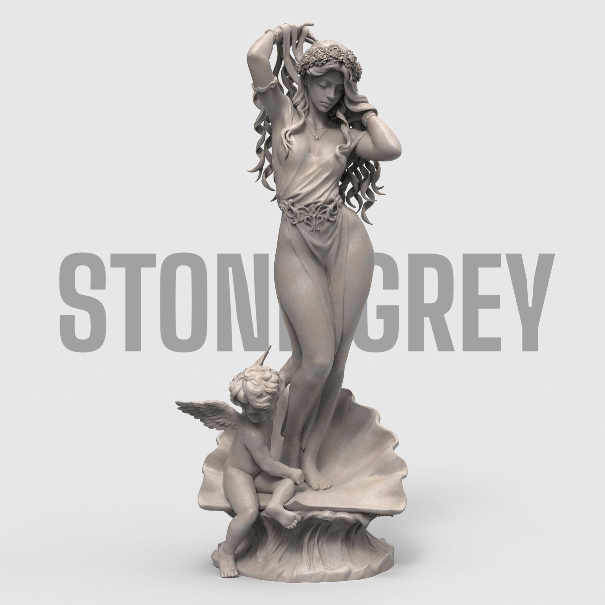 Aphrodite Robe Edition captures the goddess of love in an elegant pose, rising from a seashell as a cherub reaches toward her. This 3D-printed sculpture is a tribute to beauty and myth, featuring flowing hair, a delicate robe, and intricate detail that brings classical charm into any space.