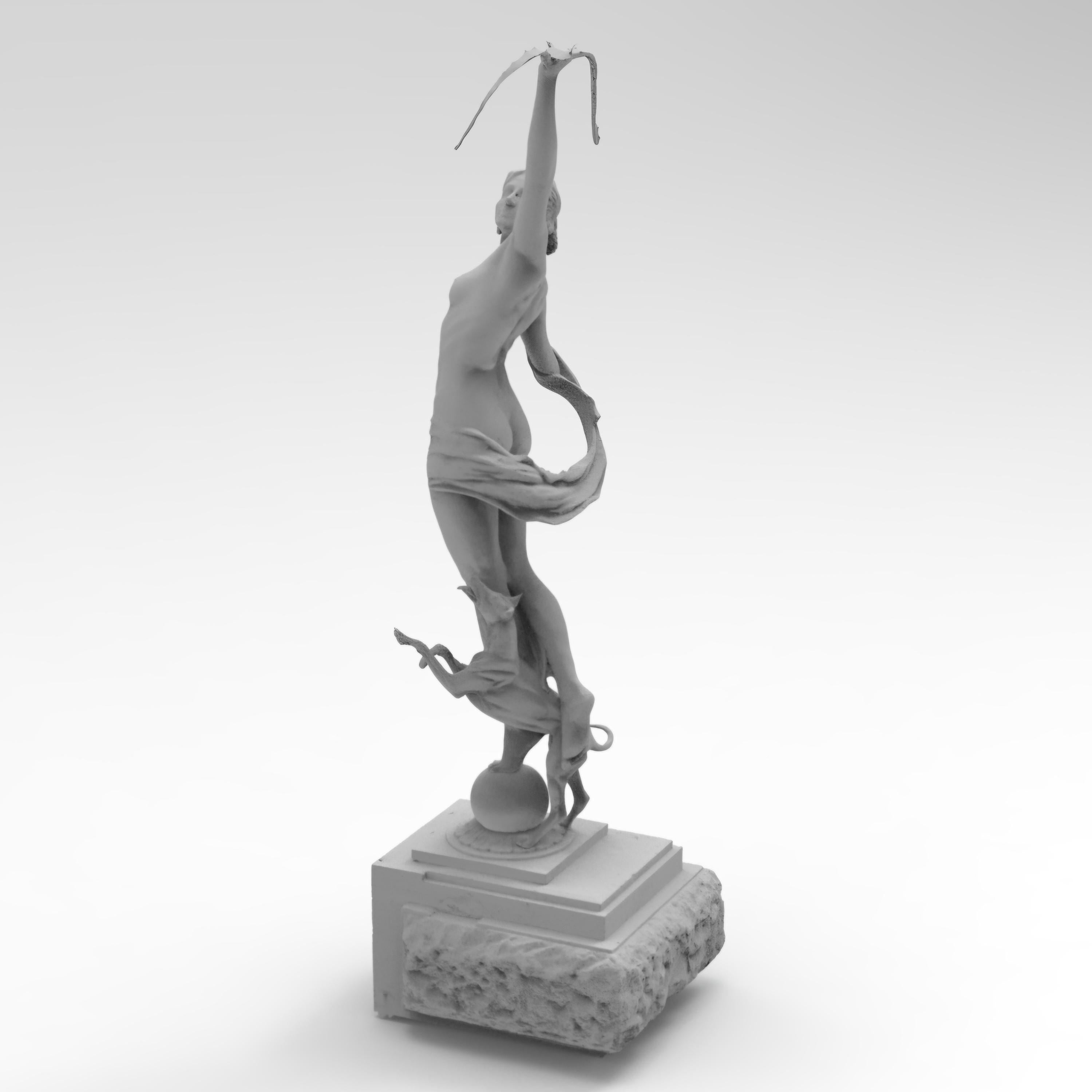 Diana the Huntress figurine showcasing a graceful pose with a bow raised high, accompanied by a deer. Intricate details highlight her elegance, available in various sizes and finishes, capturing the essence of classical mythology and artistry.