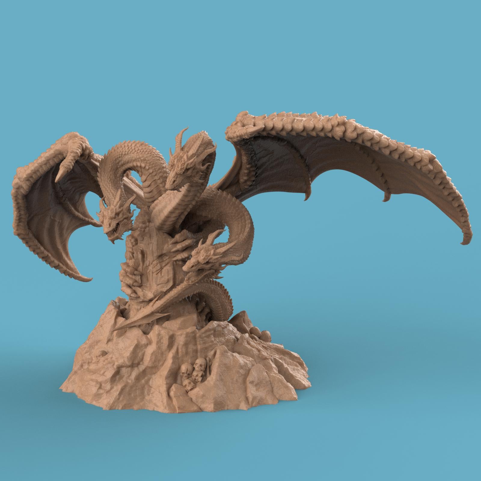 3D-printed Tridracarys Sovereign Dragon miniature featuring a three-headed dragon perched atop jagged rocks, wings spread wide and scales intricately detailed. A striking fantasy centerpiece for tabletop gaming or display.
