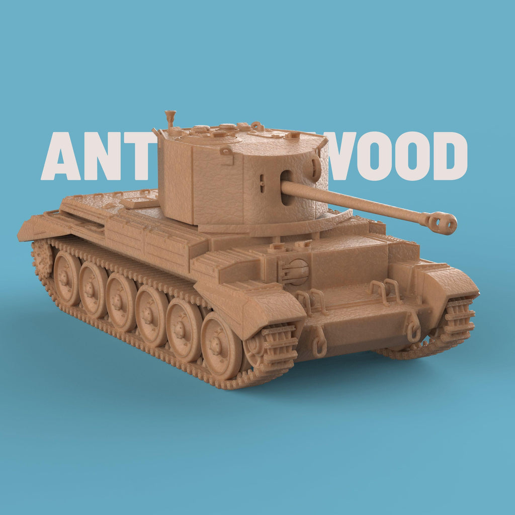 A tabletop miniature model of the A30 Challenger Tank, featuring a detailed turret with a long barrel, six large road wheels on each side, and distinct track and hull details. The model has a textured finish, resembling a scaled-down, resin-cast military tank displayed against a plain blue background.