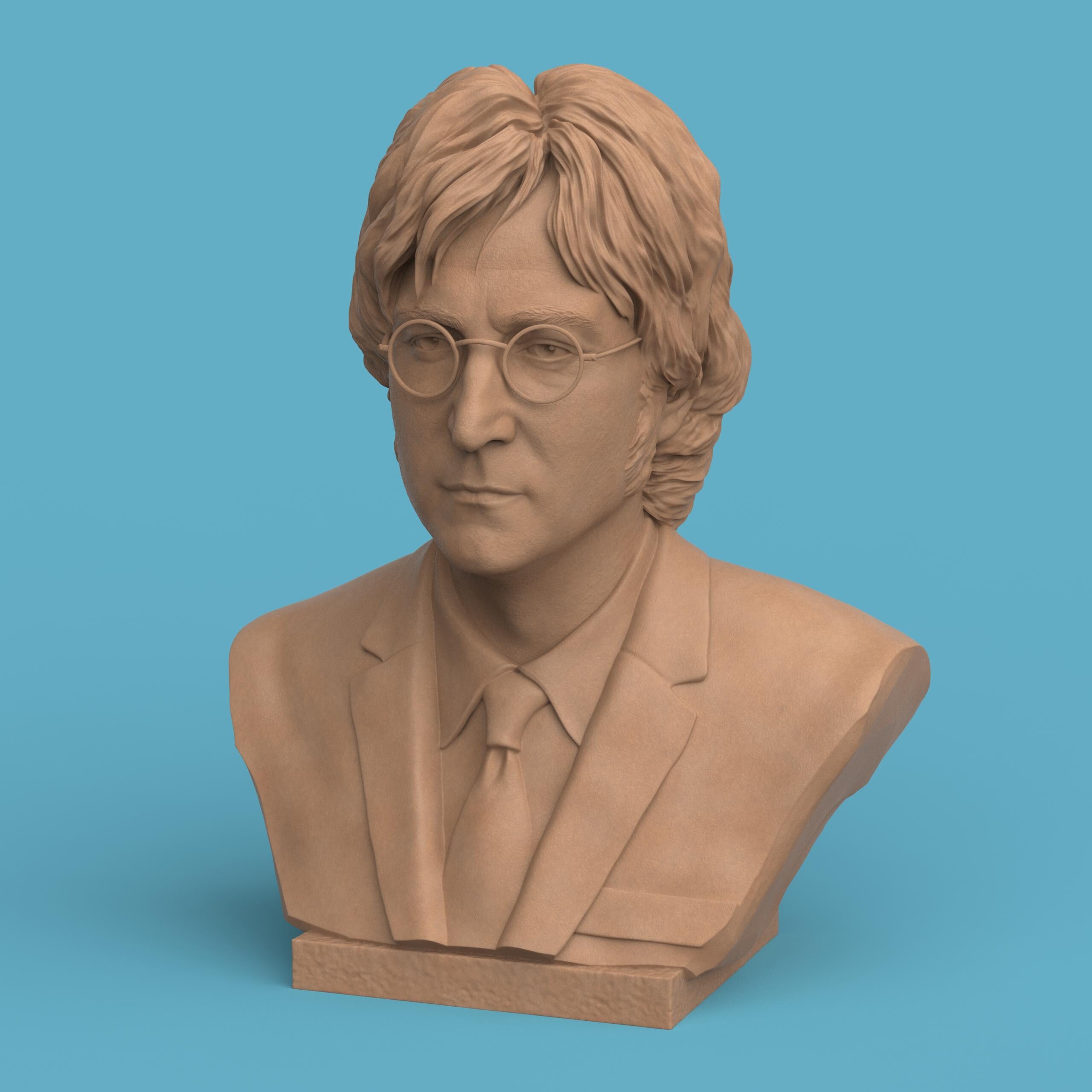 3D-printed bust of John Lennon wearing round glasses and a suit with tie, finely detailed to capture his calm and thoughtful expression — perfect for music fans, collectors, and art displays.
