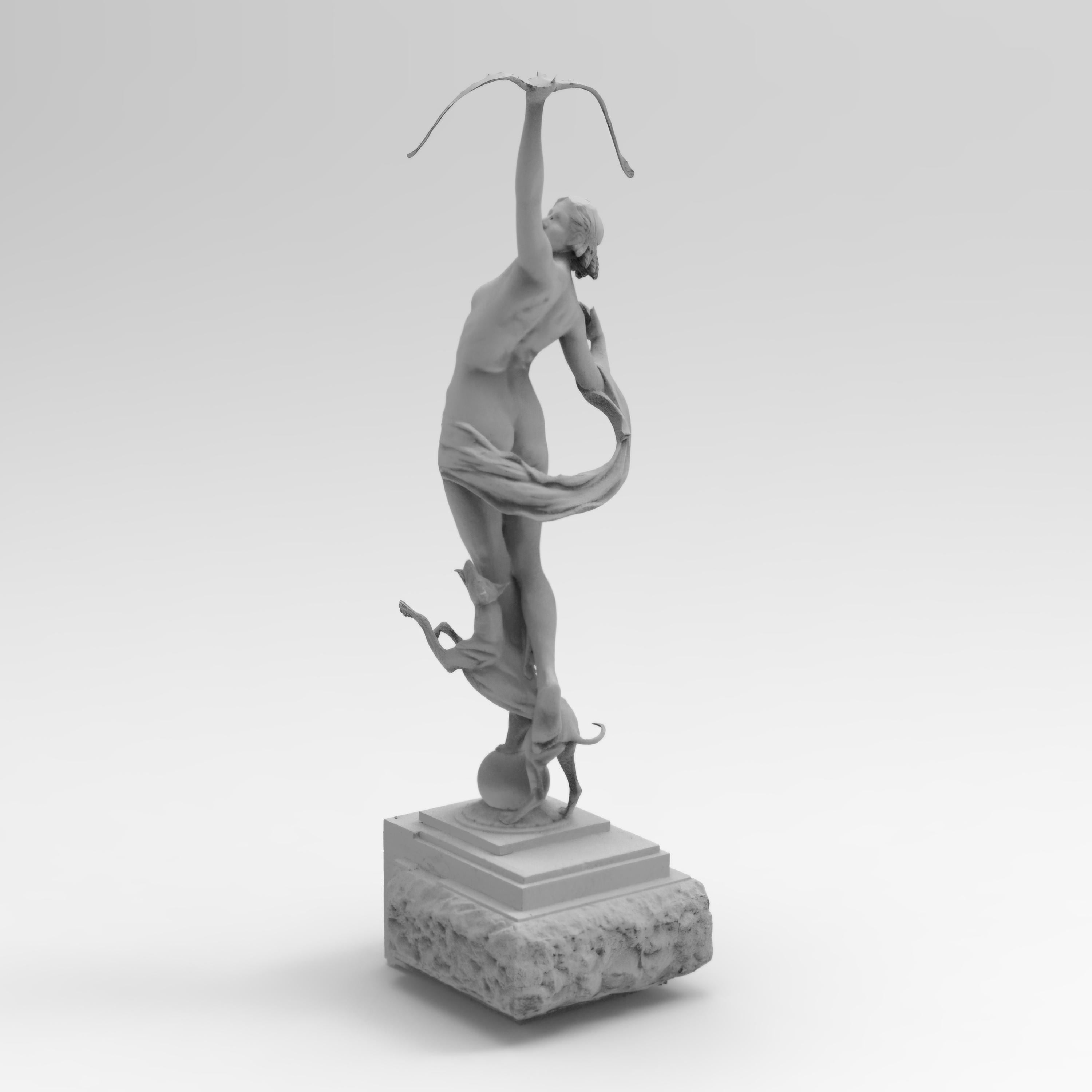 Diana the Huntress figurine showcasing a graceful pose with a bow raised high, accompanied by a deer. Intricate details highlight her elegance, available in various sizes and finishes, capturing the essence of classical mythology and artistry.