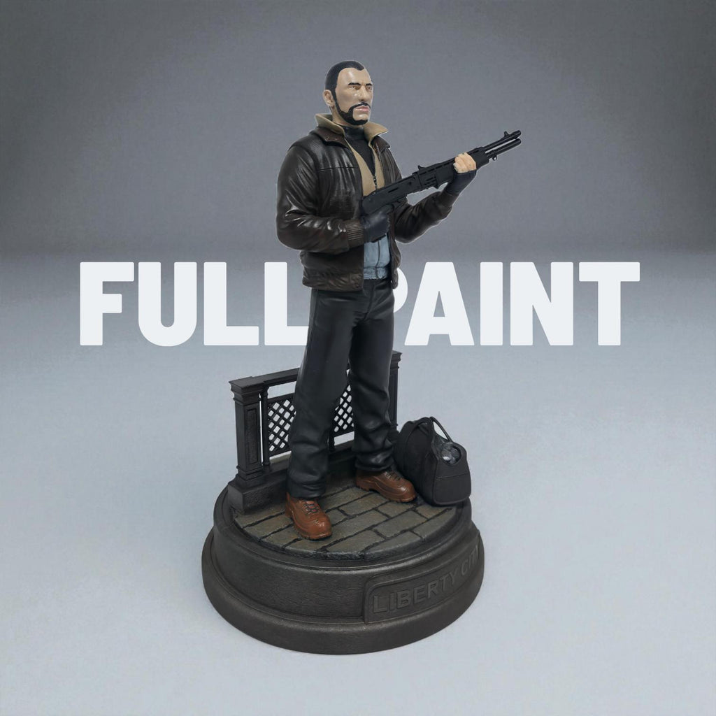 Highly detailed 3D-printed figurine of a rugged man holding a shotgun, standing confidently on a circular base marked with “Liberty City,” accompanied by a duffel bag and fence detail, perfect for collectors.