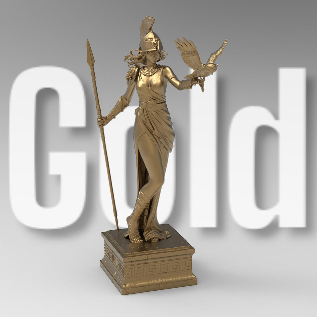 Statue of Athena, the Greek goddess of wisdom, featuring a detailed helmet, flowing robe, spear, and an owl perched on her arm, standing gracefully on a decorative pedestal.