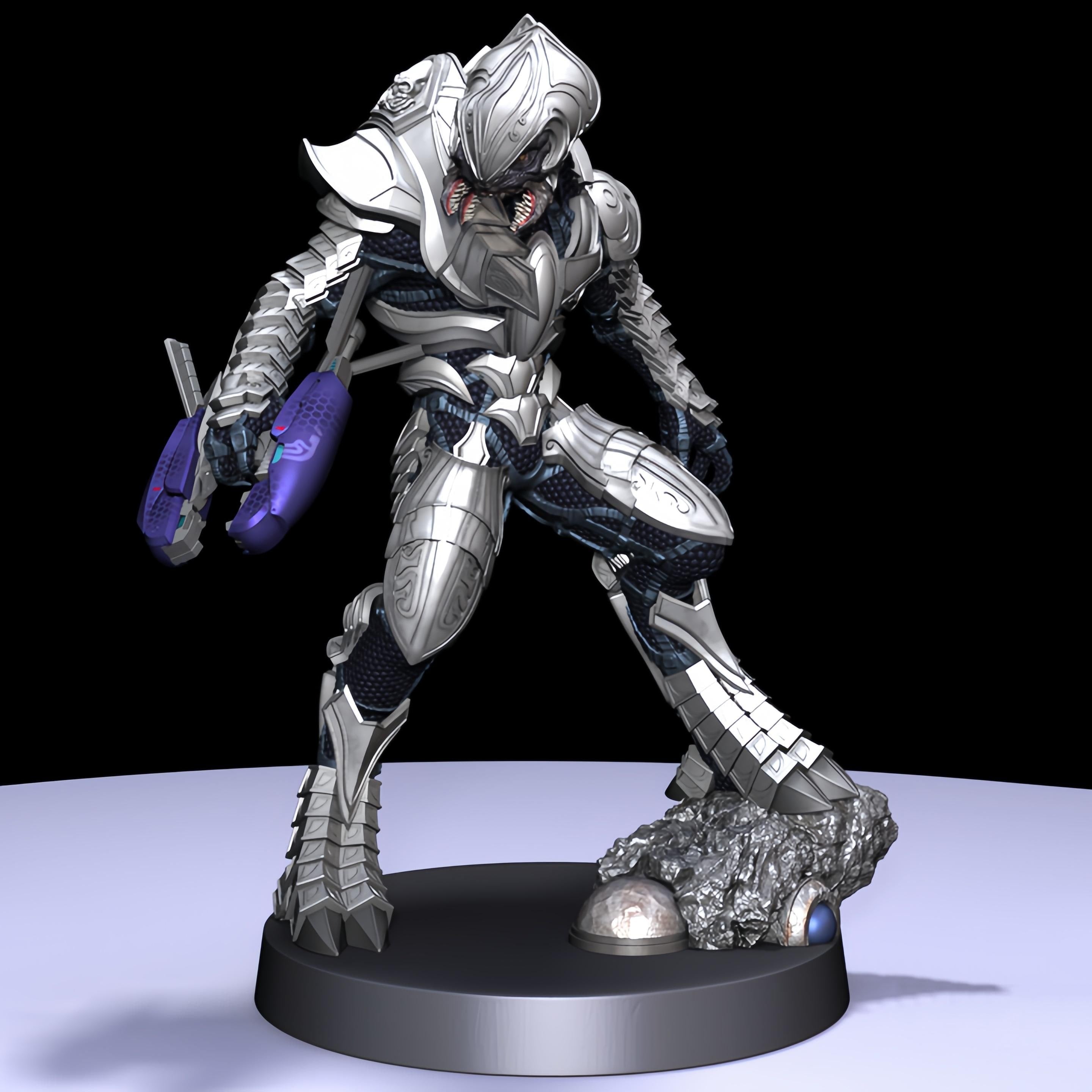 Arbiter miniatures in silver armor with blue details, posed dynamically with an energy sword or plasma rifle. Intricate sculpting captures the iconic Sangheili warrior, perfect for collectors and tabletop games.