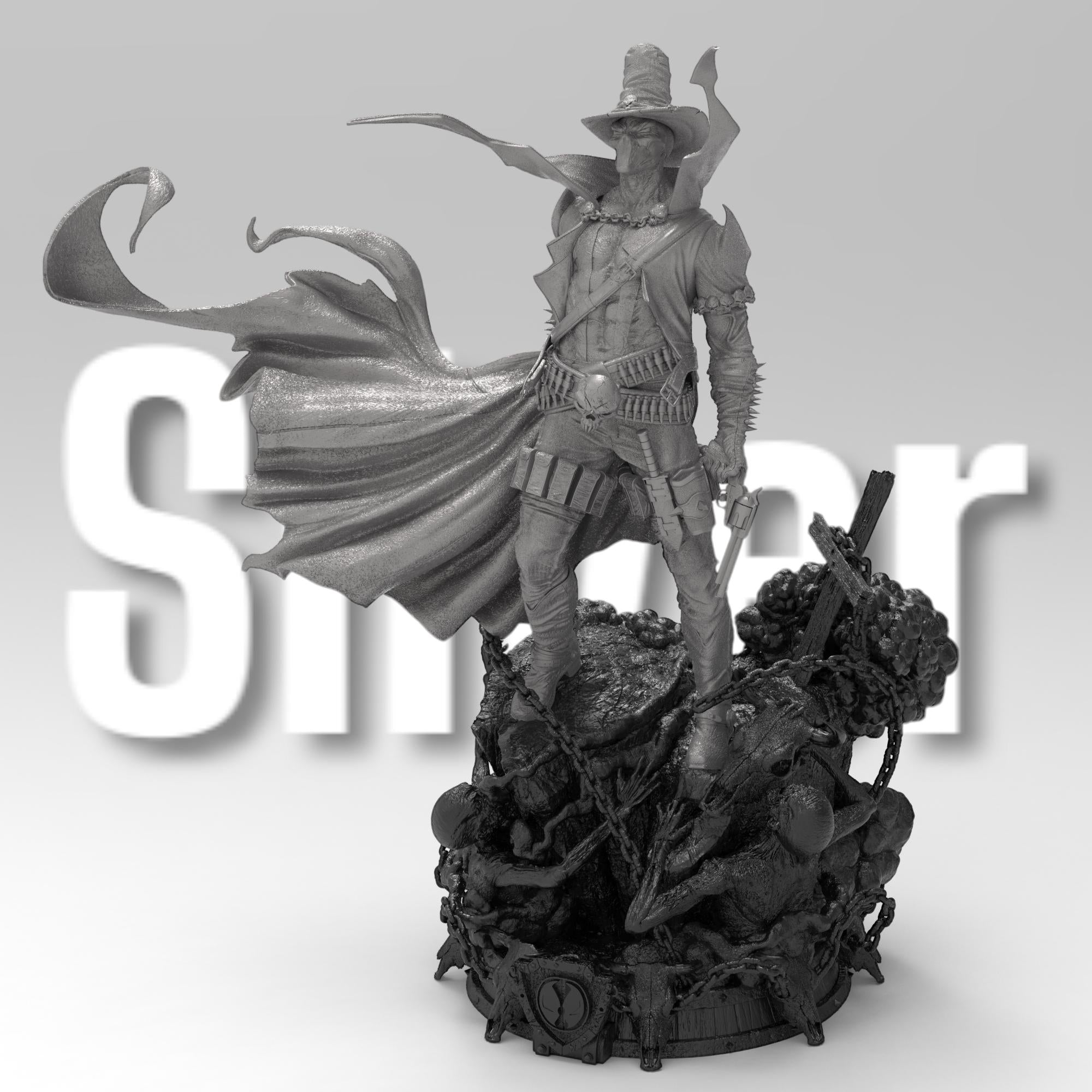 Gunslinger Spawn statue in a dynamic pose, wielding twin pistols with a flowing cape and spiked armor. Stands atop a detailed battlefield with chains and skulls, capturing the dark, gritty essence of the character.