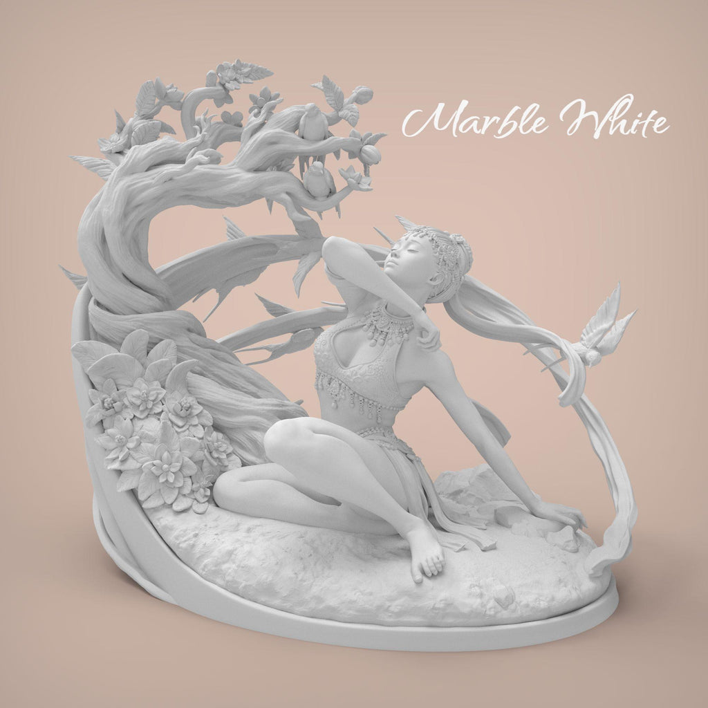 Spring’s Awakening captures a serene goddess embraced by nature as she greets the morning breeze. With flowers blooming around her and birds in flight, this sculpture evokes renewal and harmony. Ideal for fantasy lovers and collectors.