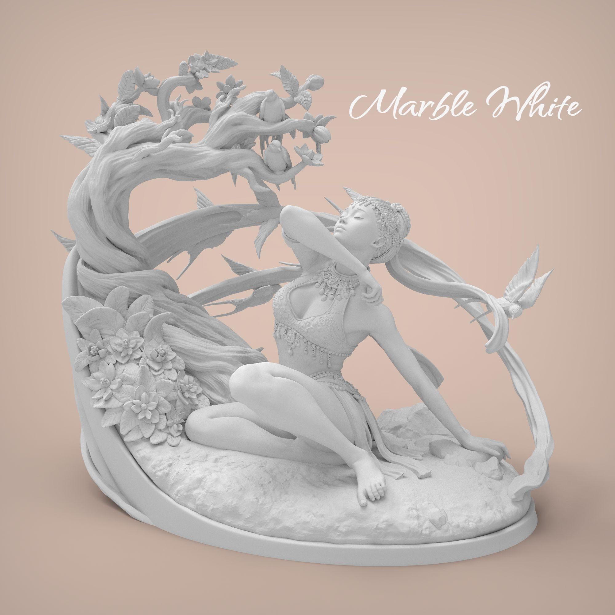 Spring’s Awakening captures a serene goddess embraced by nature as she greets the morning breeze. With flowers blooming around her and birds in flight, this sculpture evokes renewal and harmony. Ideal for fantasy lovers and collectors.