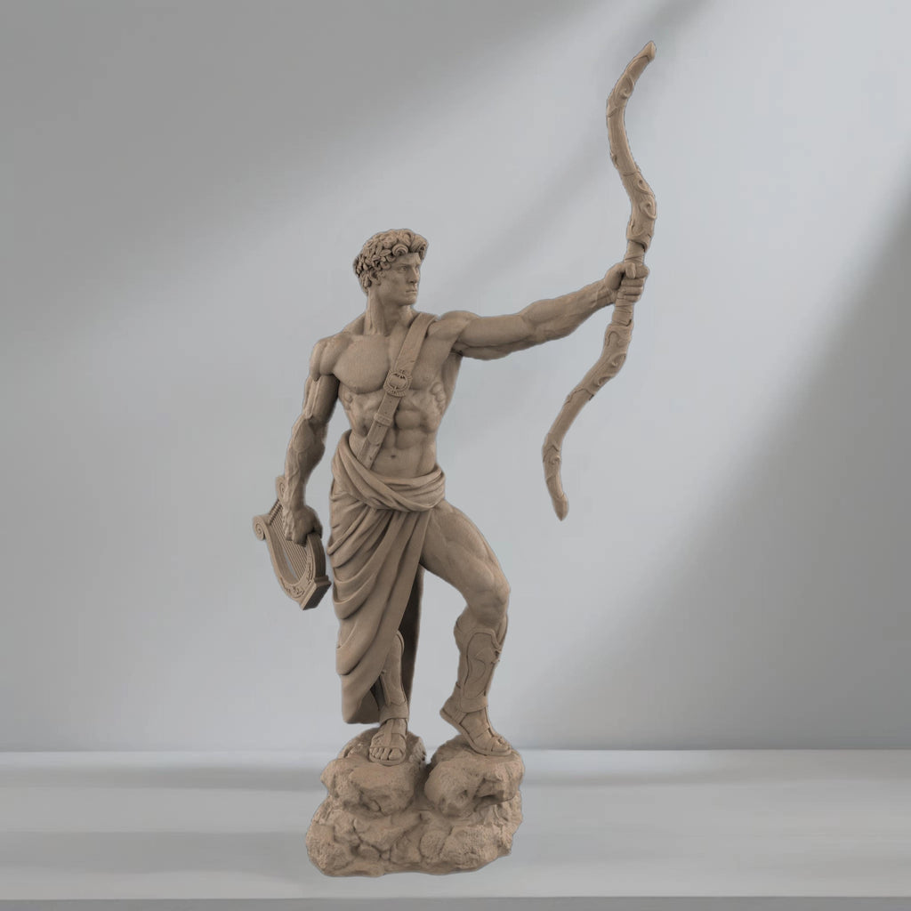 Apollo statue with a bow and lyre, wearing a laurel wreath and draped garment. His heroic stance and muscular form embody divine strength and grace.