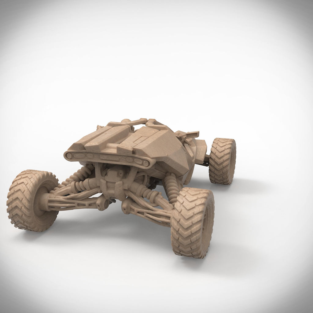 A rugged sci-fi off-road buggy sculpture with intricate detailing and an armed pilot behind the wheel. Trekker is a perfect collectible for vehicle lovers and tabletop gamers. Available in multiple finishes and sizes. A striking addition to any shelf!
