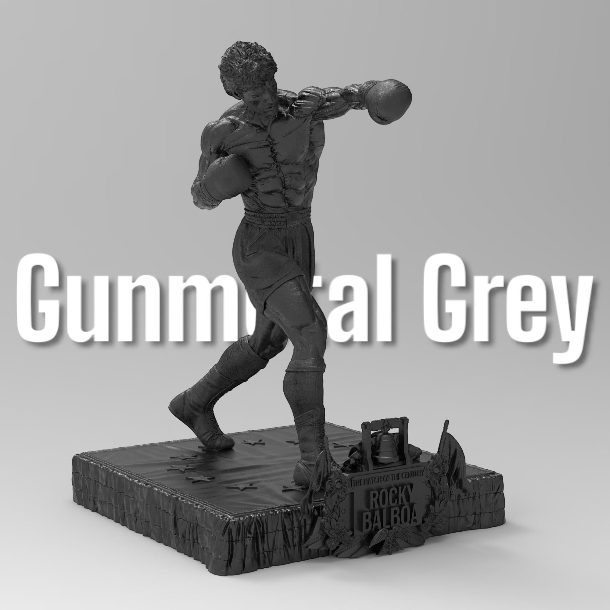 Rocky Balboa statuette capturing the iconic boxer in a powerful fighting stance. Features sculpted muscles, boxing gloves, and a detailed base with championship elements, embodying determination and resilience.