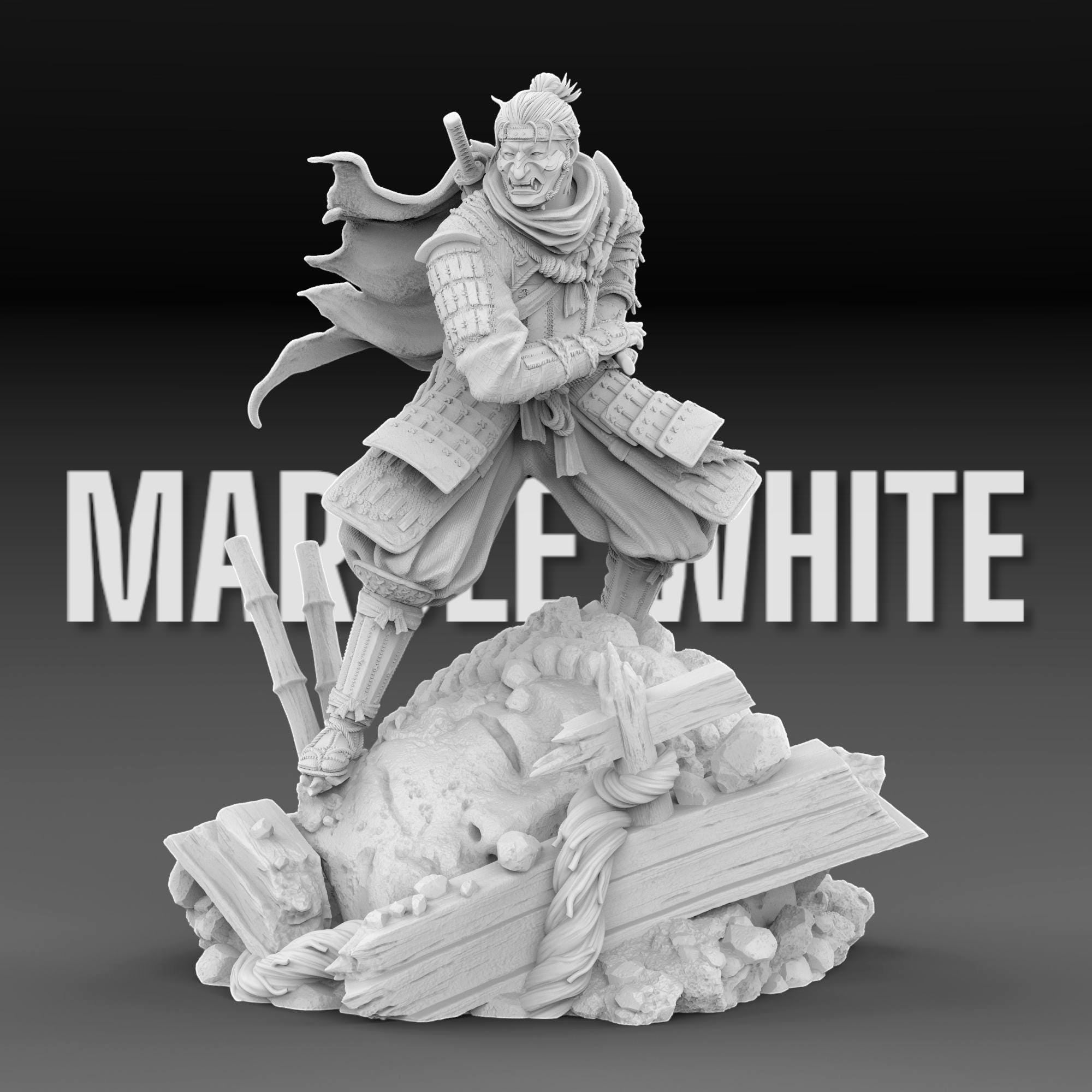 Jin Sakai from Ghost of Tsushima in a dynamic pose, gripping his katana. He wears samurai armor with a flowing scarf and a battle-worn flag behind him. The base features broken structures and rocks, symbolizing the fallen Shogunate era.