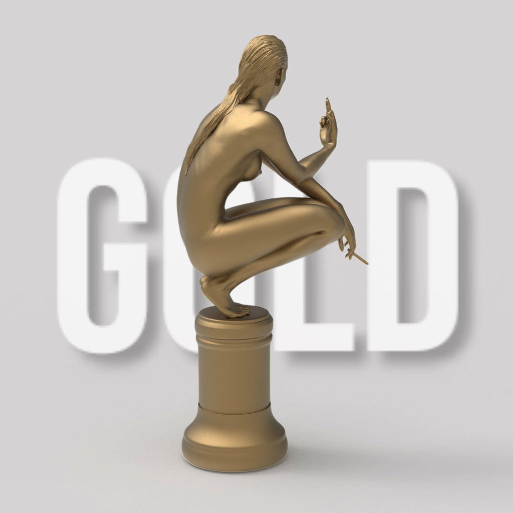 A nude woman squats on a chess piece pedestal, flipping her middle finger while holding a cigarette. Her defiant expression blends classical and modern art styles.