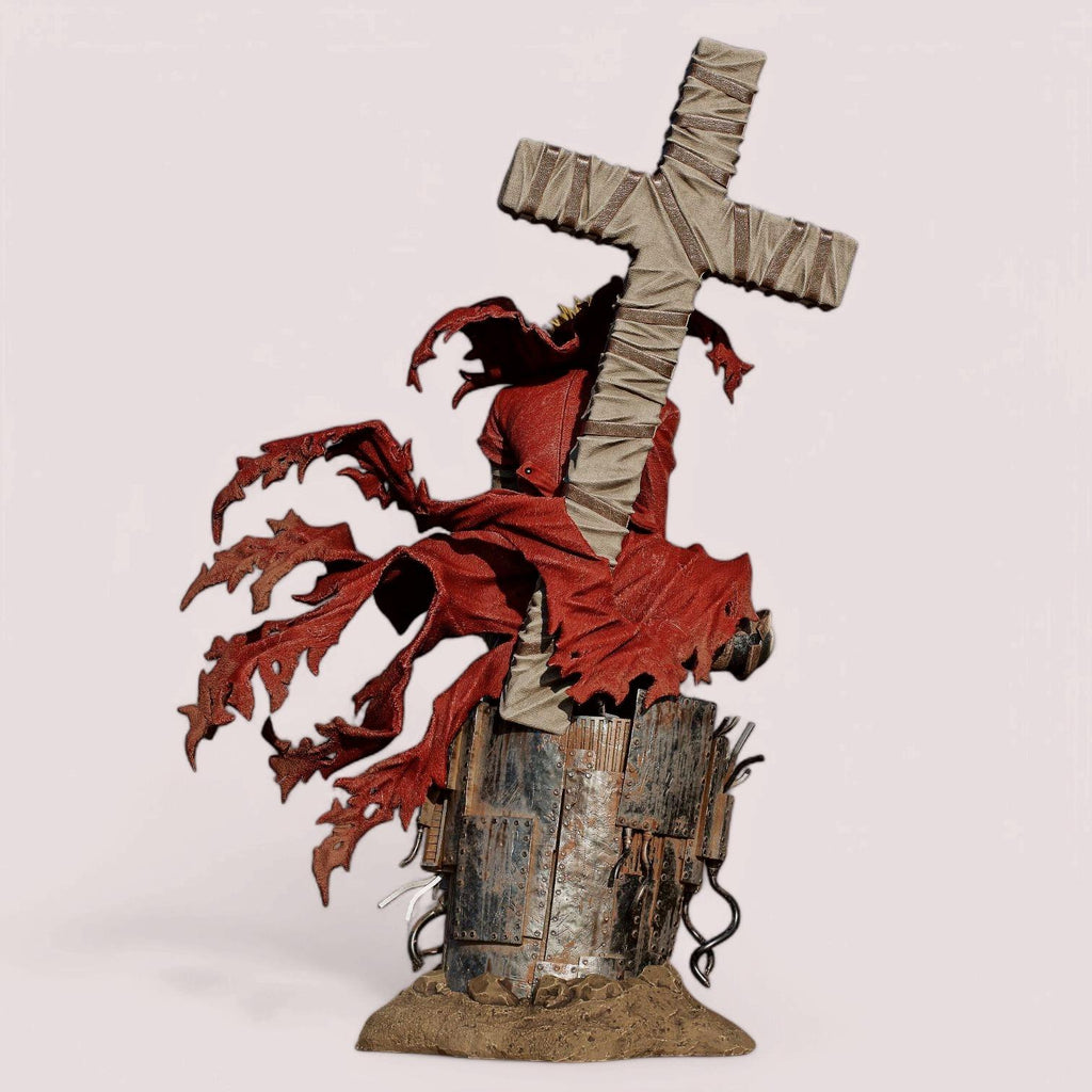 Vash the Stampede figure, posed on a weathered base with tattered red coat flowing. Holds dual revolvers, massive wrapped cross weapon on back. Inspired by Trigun, capturing his dynamic movement and signature look.