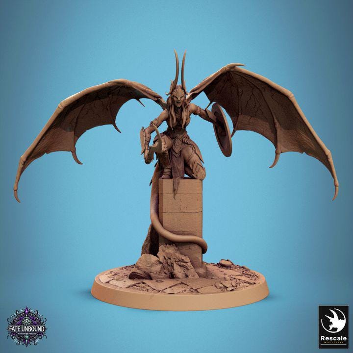 A fierce female cambion with demonic wings, curved horns, and a serpent tail wields a deadly spear and shield. Her armored form exudes power as she stands ready for battle, embodying both beauty and terror in a masterfully sculpted miniature.