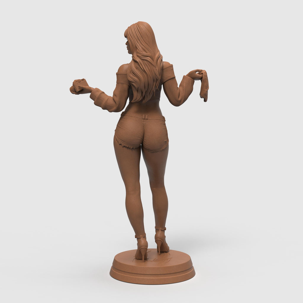 Stylized 3D-printed figurine of Mary Jane in a confident pose, holding a camera in one hand and a cloth in the other. She is dressed in a cropped sweater and short shorts, with long flowing hair and high heels. Available in bronze, gold, and silver finishes, the sculpture showcases fine detail and a modern, fashionable aesthetic.