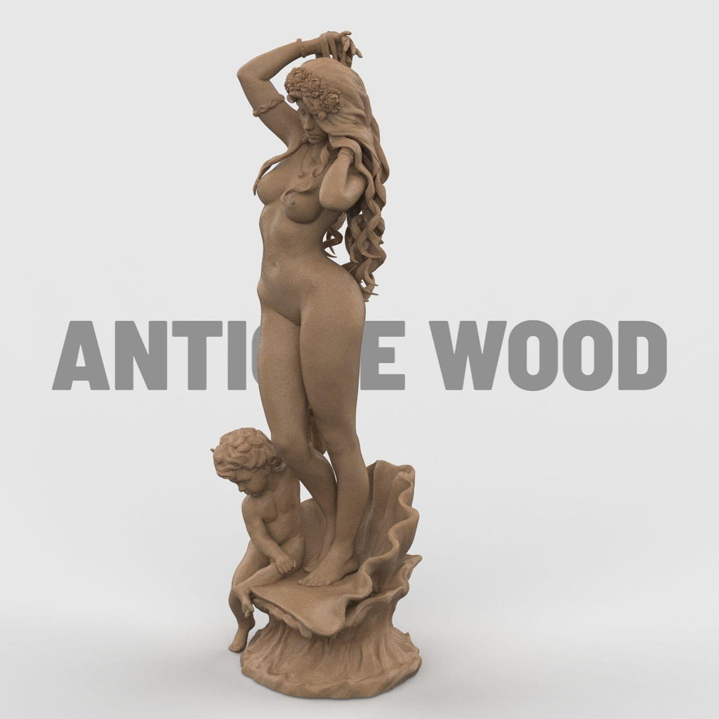 3D statue of Aphrodite, standing gracefully on a shell with flowing hair and floral wreath, accompanied by a cherub at her feet, set against a neutral background.