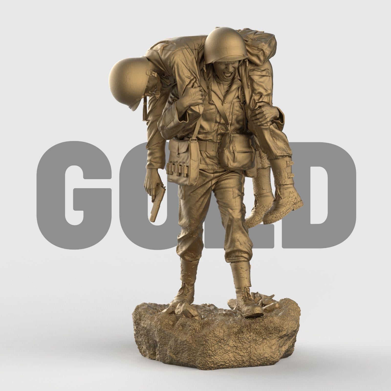 Detailed 3D-printed statue of a WWII soldier carrying a wounded comrade on his back, symbolizing courage, sacrifice, and brotherhood in battle. The figure is set on a rocky base, capturing raw emotion and heroic realism.