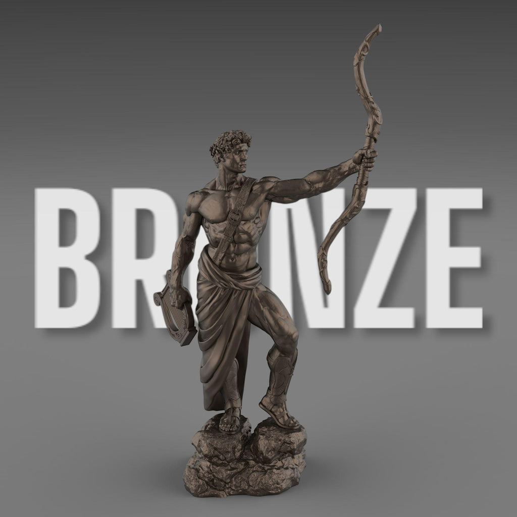 Apollo statue with a bow and lyre, wearing a laurel wreath and draped garment. His heroic stance and muscular form embody divine strength and grace.