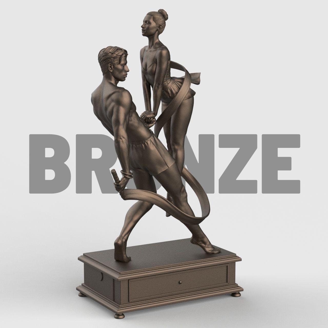 3D-printed figurine of a male and female dancer entwined with flowing ribbons, symbolizing harmony and balance. The male figure stands firm holding the ribbon while the female dancer rises gracefully on pointe, their hands interlocked. The dynamic ribbons encircle them, emphasizing movement and unity. Mounted on a rectangular decorative base.