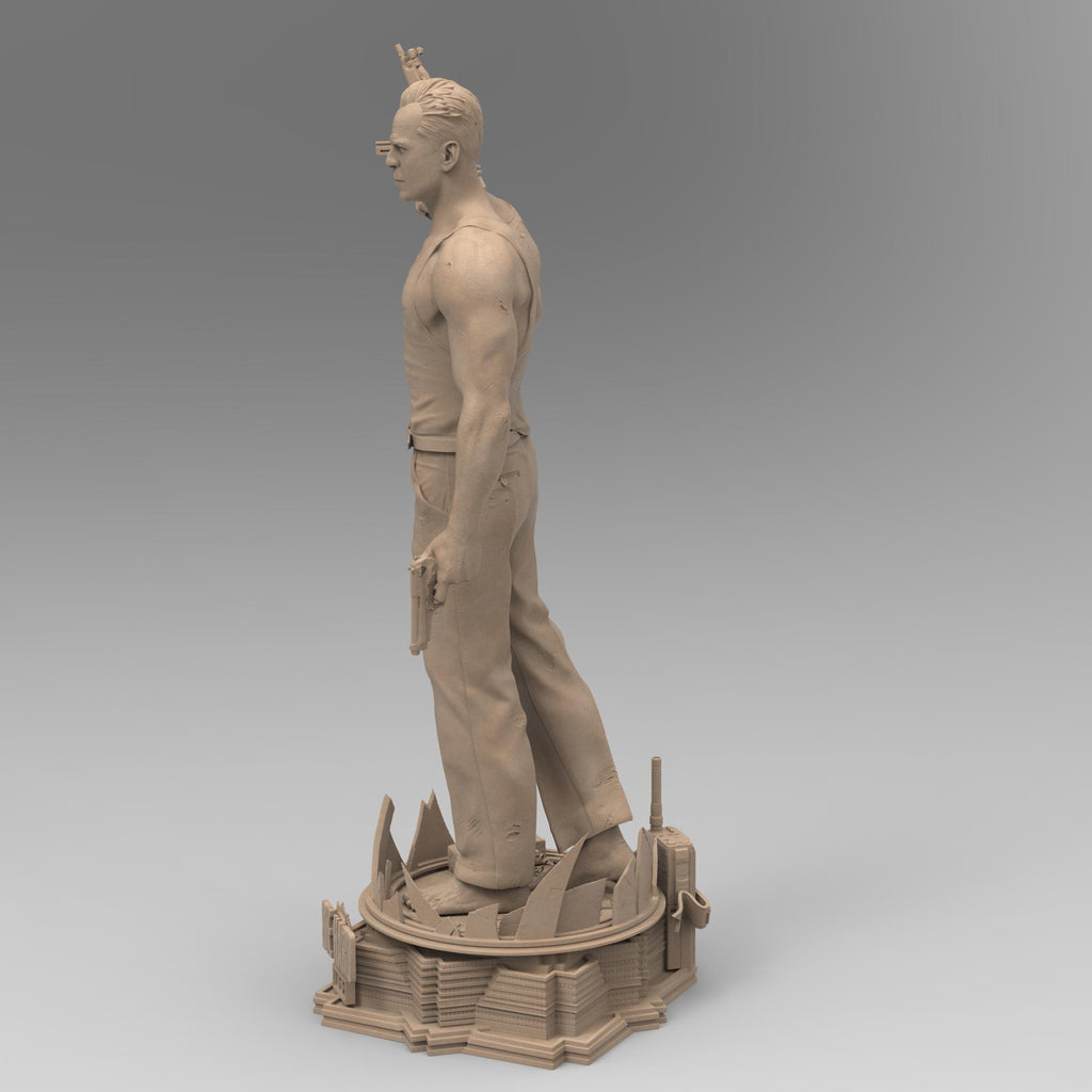 A detailed 3D-printed statue of McLane of Mayhem, posed dynamically with a machine gun and pistol, standing atop a sculpted base featuring shattered glass and city elements. Perfect for collectors and action movie fans.