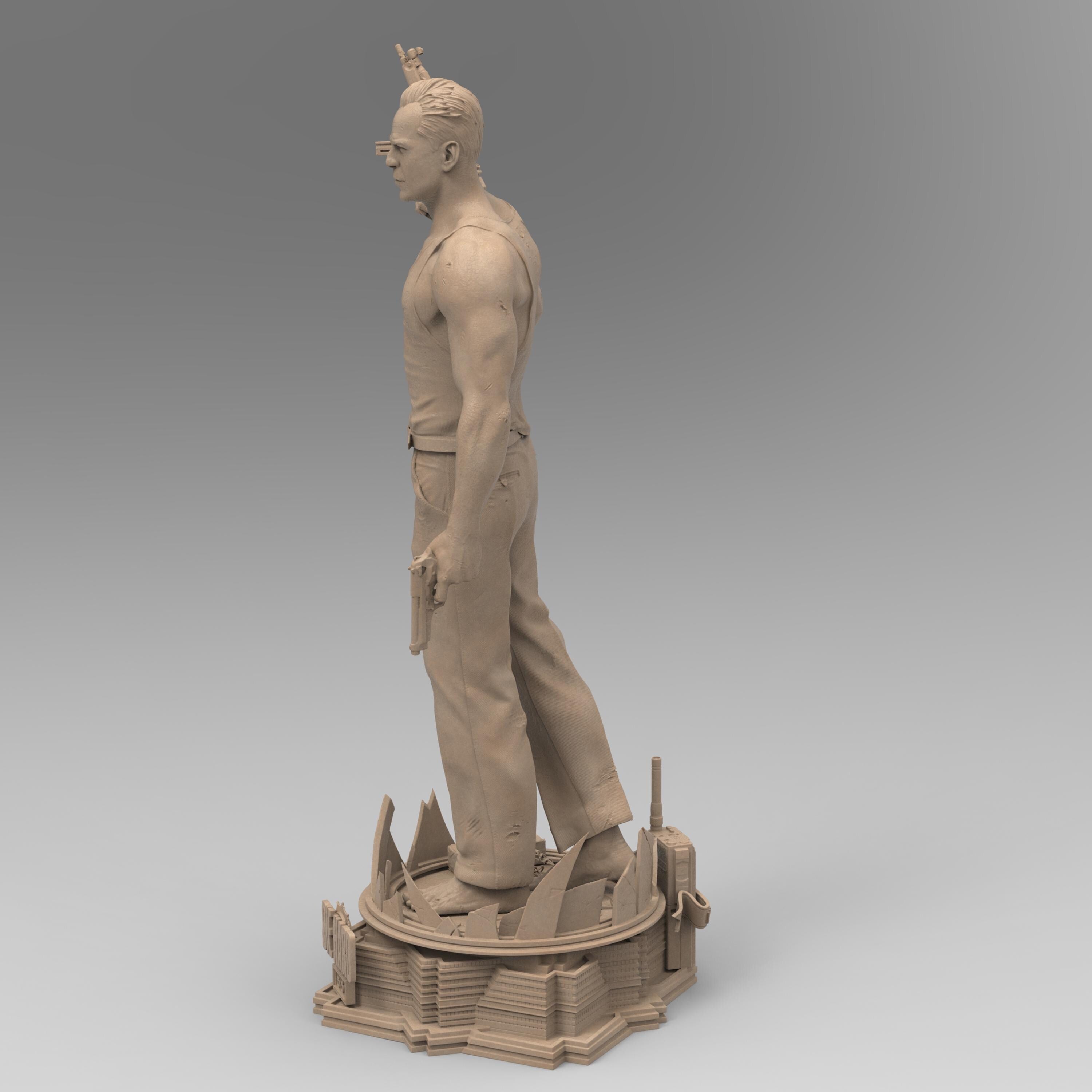 A detailed 3D-printed statue of McLane of Mayhem, posed dynamically with a machine gun and pistol, standing atop a sculpted base featuring shattered glass and city elements. Perfect for collectors and action movie fans.