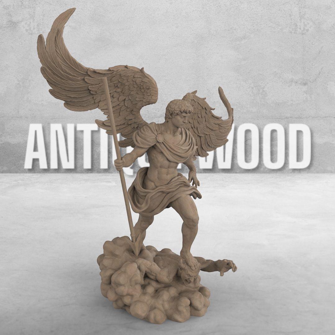 Statue of Archangel with large wings, standing over a defeated demon. Holding a spear, he wears a flowing robe. The base has swirling clouds, symbolizing divinity. Available in multiple finishes.