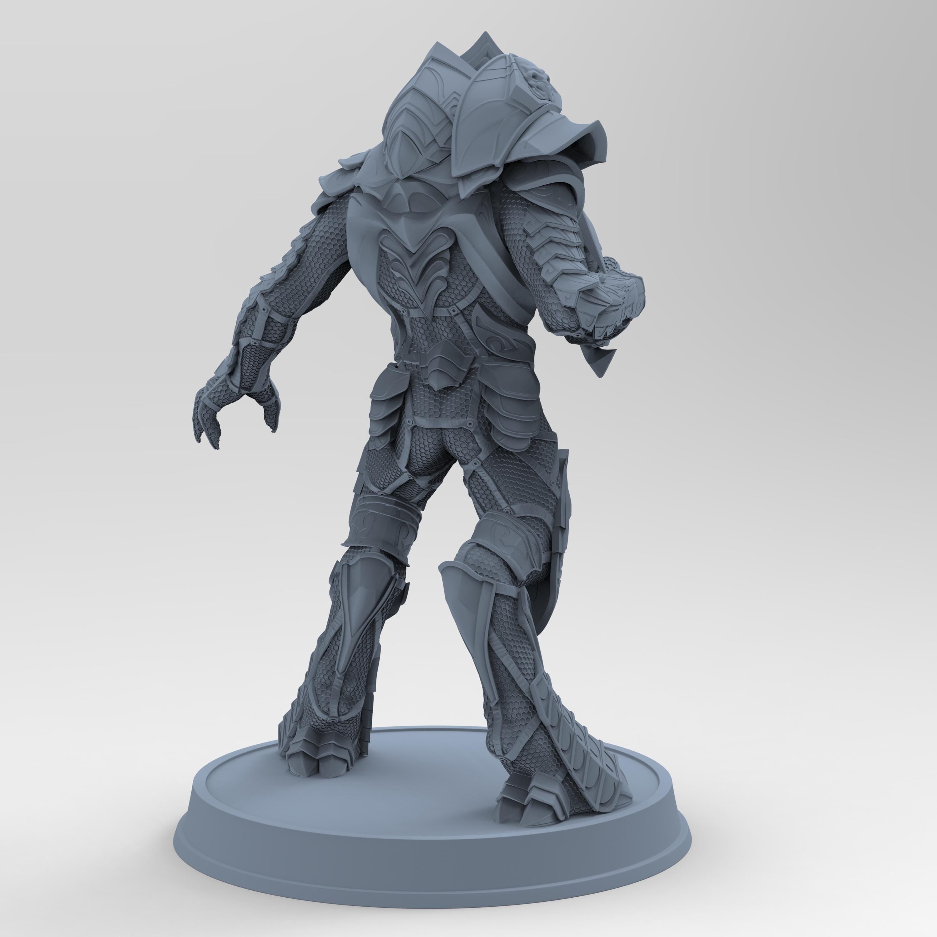Unpainted Arbiter figurine, showcasing intricate armor and weapon details, standing on a round base, highlighting its alien design and dynamic pose.
