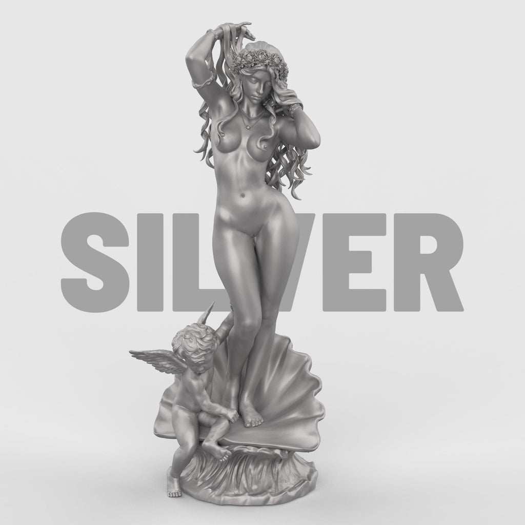 3D statue of Aphrodite, standing gracefully on a shell with flowing hair and floral wreath, accompanied by a cherub at her feet, set against a neutral background.