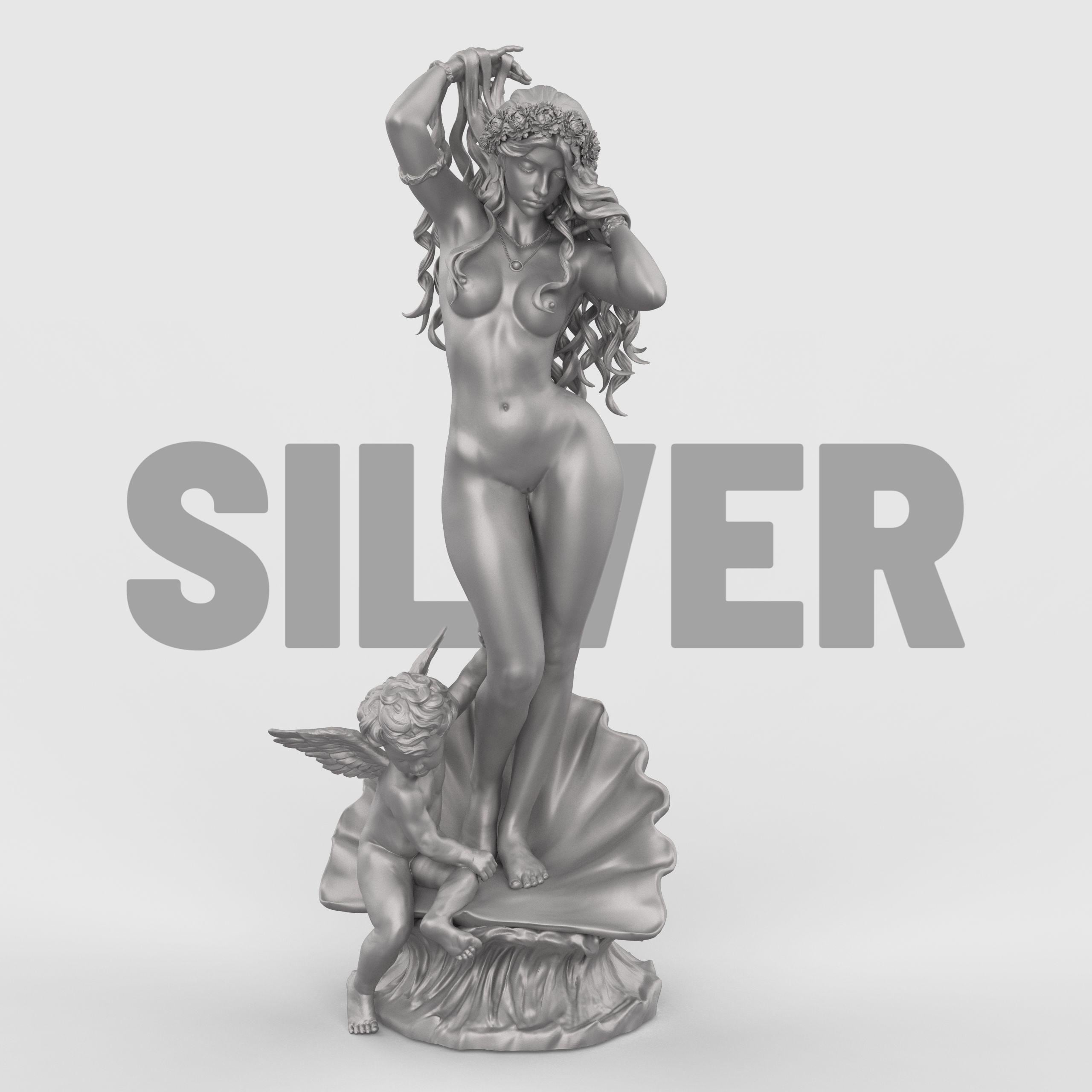 3D statue of Aphrodite, standing gracefully on a shell with flowing hair and floral wreath, accompanied by a cherub at her feet, set against a neutral background.