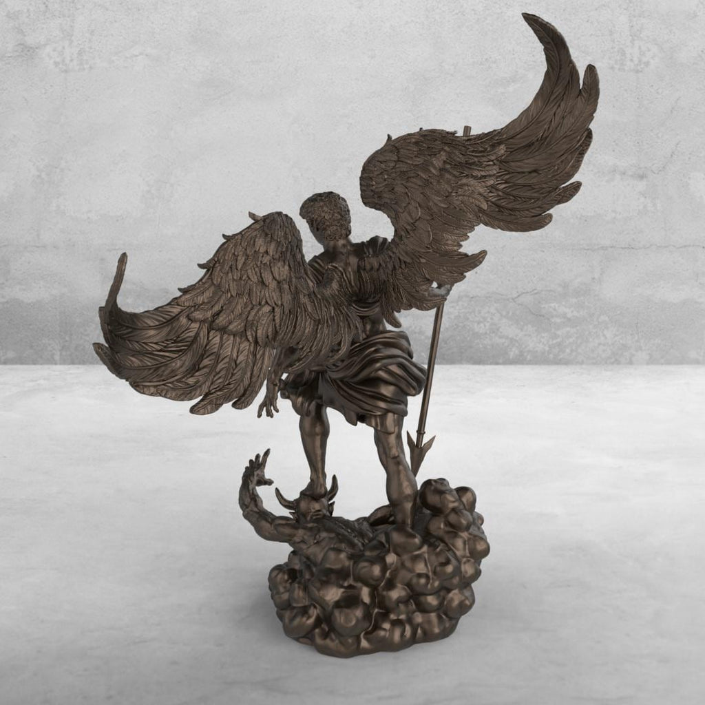 Statue of Archangel with large wings, standing over a defeated demon. Holding a spear, he wears a flowing robe. The base has swirling clouds, symbolizing divinity. Available in multiple finishes.