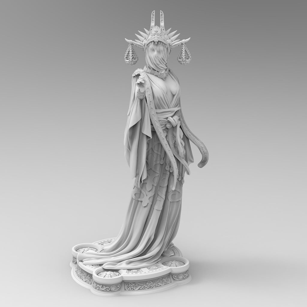 Highly detailed 3D-printed statue of Atropos the Moirai. Depicted in a flowing robe with intricate gold detailing, a veiled face, and an elaborate headdress featuring hanging scales. A stunning display of divine elegance and fate’s embodiment.