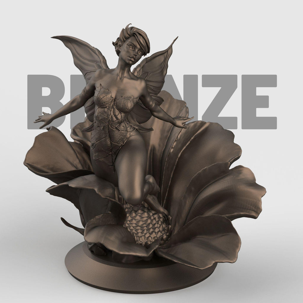 3D-printed figurine of a graceful fairy with delicate wings, poised elegantly atop a blooming flower. The fairy’s flowing form and detailed floral base highlight fantasy artistry, making it a stunning collectible or home décor piece.