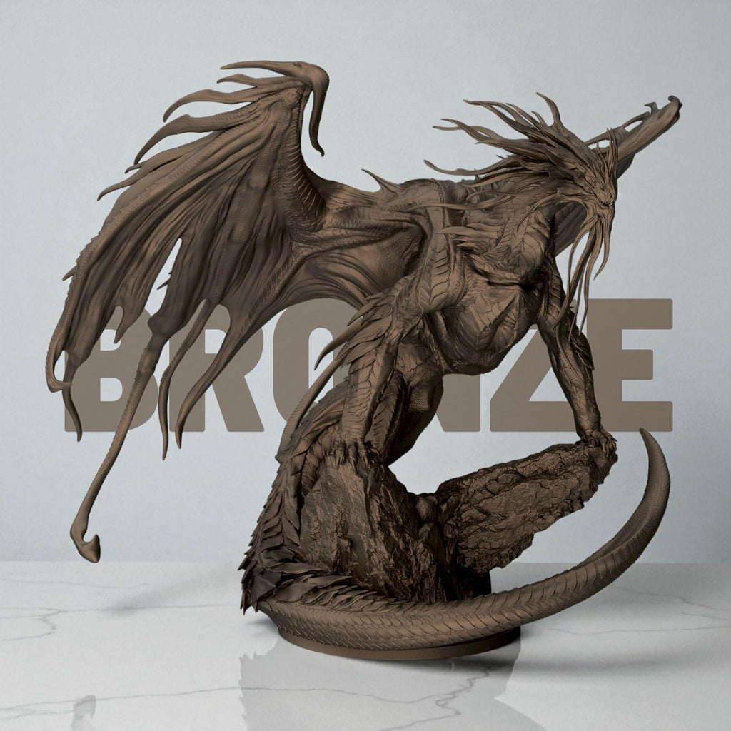 3D-printed Dragon Bahamut figurine featuring an awe-inspiring mythical dragon perched on a rocky base. The sculpture showcases flowing wing membranes, sharp scales, and a dynamic pose that radiates strength and majesty — a centerpiece piece for fantasy collectors and dragon enthusiasts alike.
