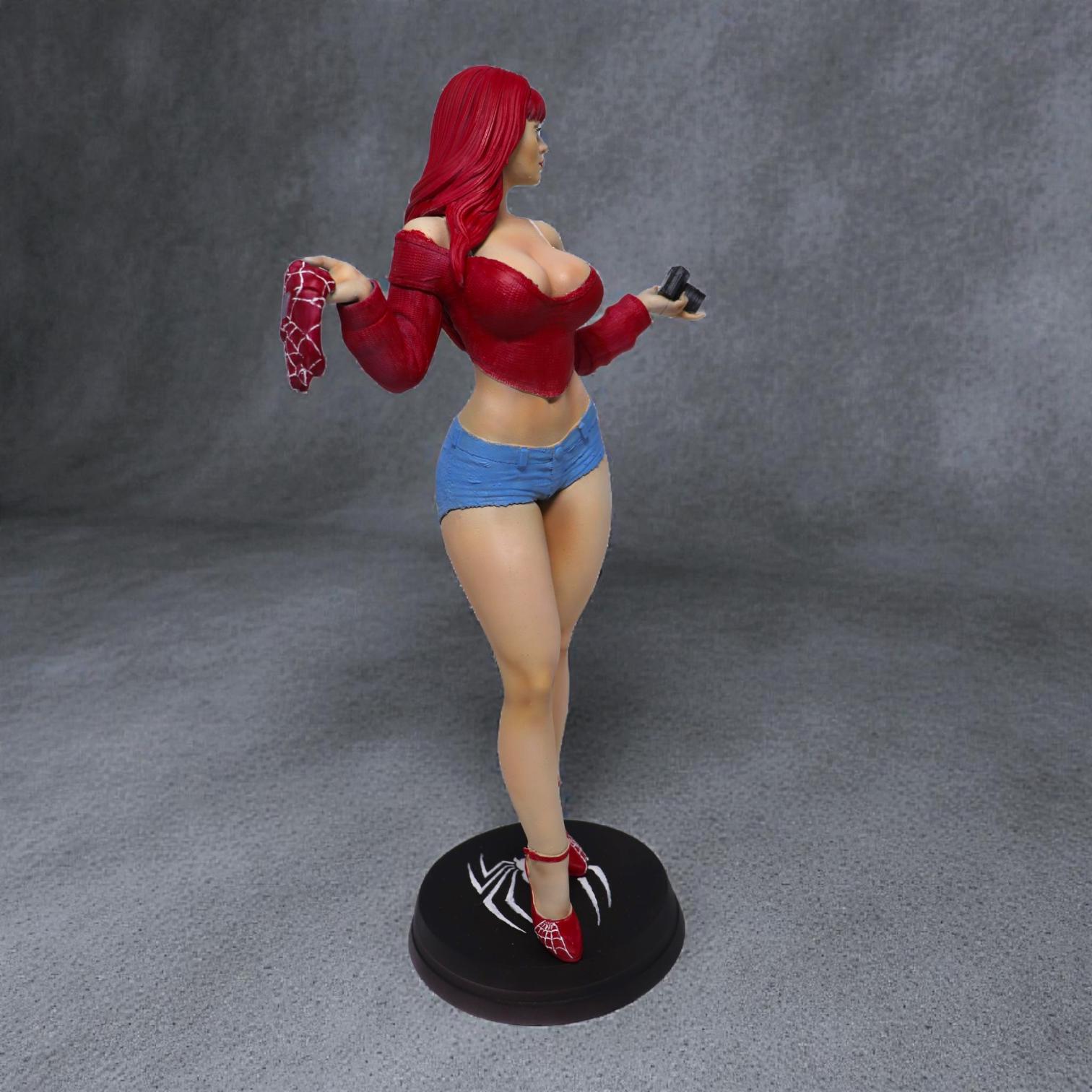 Stylized 3D-printed figurine of Mary Jane in a confident pose, holding a camera in one hand and a cloth in the other. She is dressed in a cropped sweater and short shorts, with long flowing hair and high heels. Available in bronze, gold, and silver finishes, the sculpture showcases fine detail and a modern, fashionable aesthetic.