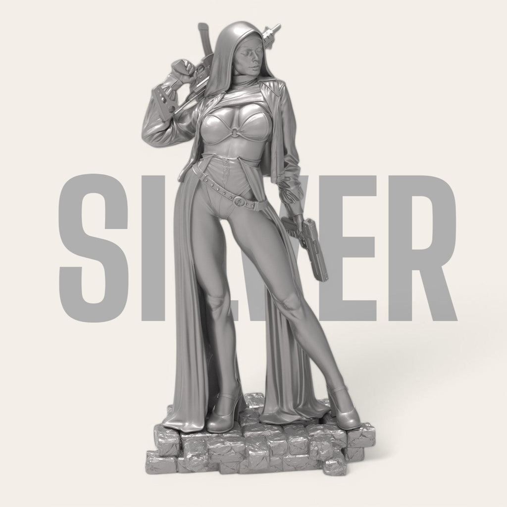 Armed and divine, the Nun with Gun stands tall with tactical heels, hooded cloak, and dual firepower. A bold blend of holiness and havoc—equal parts protector and punisher. Perfect for collectors who like their saints with a side of firepower.