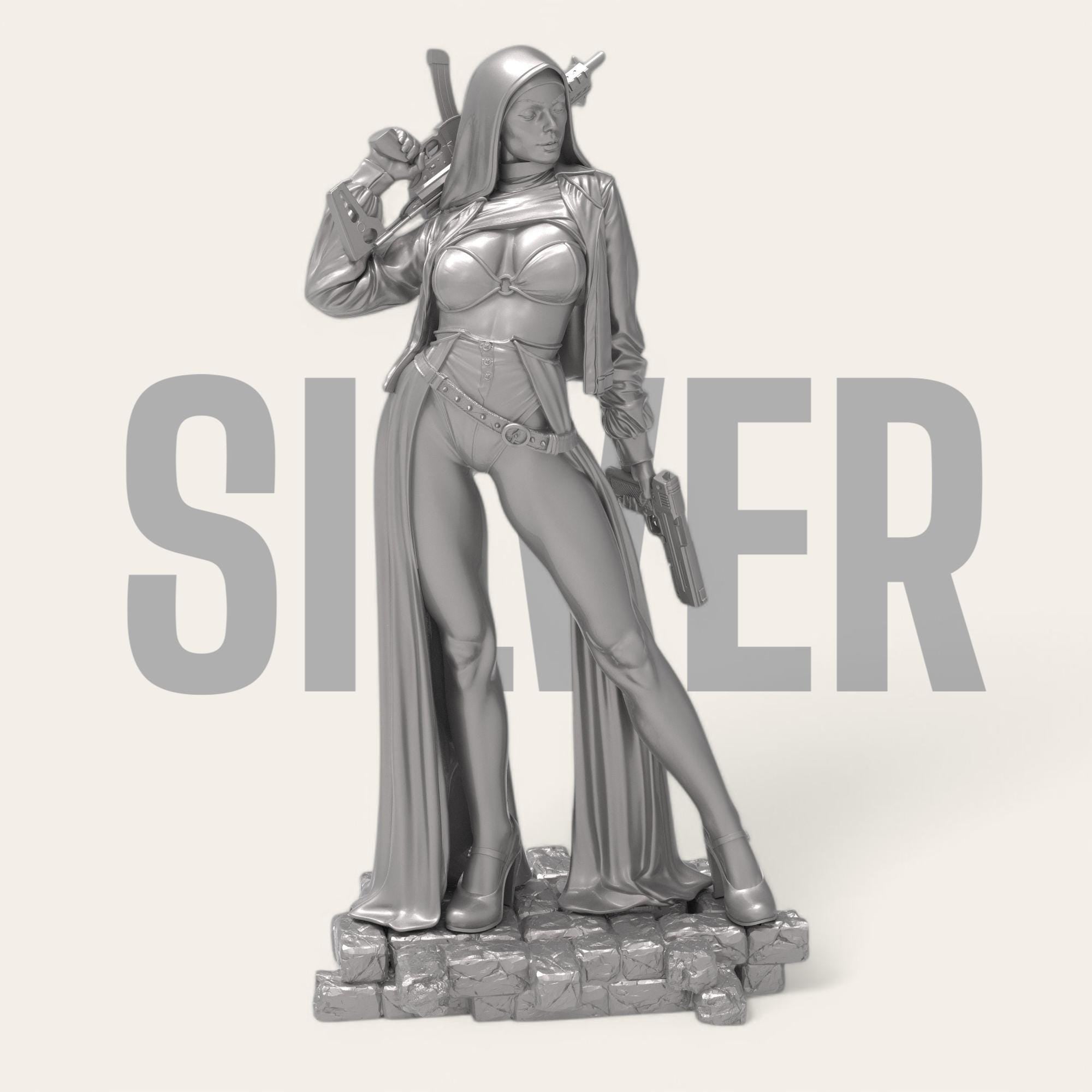 Armed and divine, the Nun with Gun stands tall with tactical heels, hooded cloak, and dual firepower. A bold blend of holiness and havoc—equal parts protector and punisher. Perfect for collectors who like their saints with a side of firepower.
