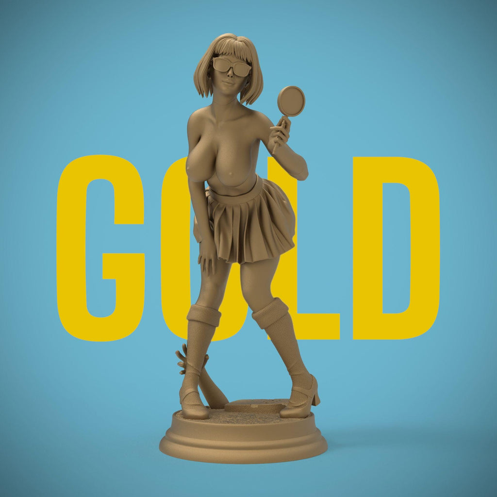 A cheeky twist on the classic mystery solver. This curvy Velma-inspired figurine captures her playful spirit with a magnifying glass in hand and a mischievous grin. A perfect blend of sass and smarts, sculpted in high detail for collectors.
