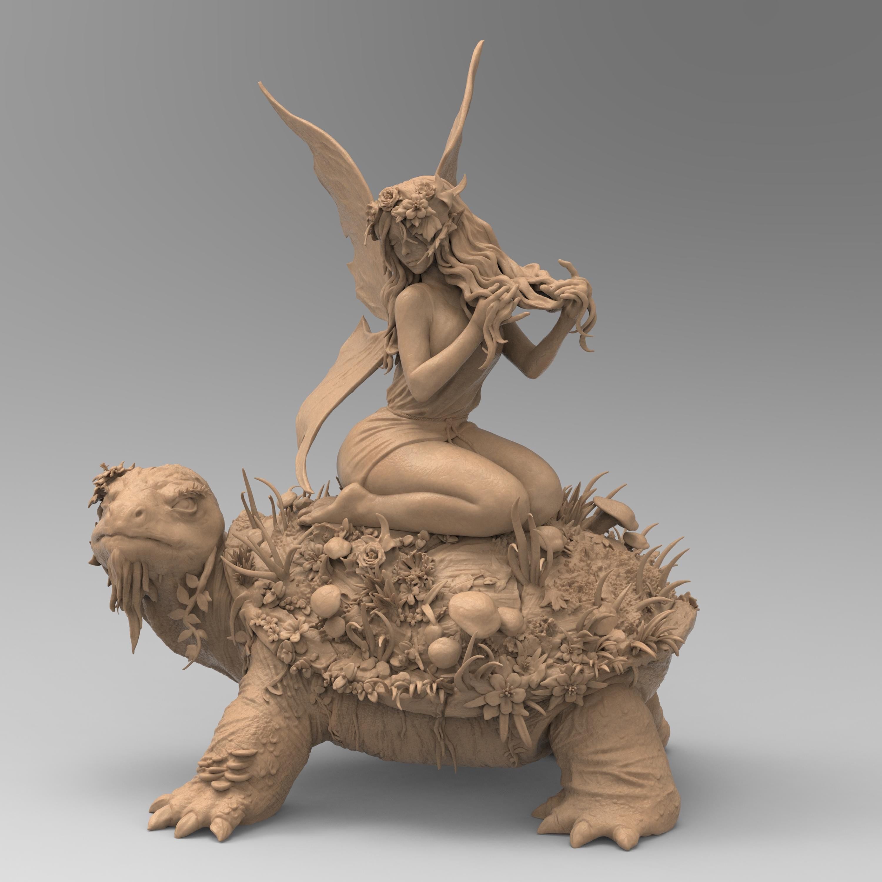 A delicate fairy with flowing hair and floral accessories sits atop a large turtle covered in lush vegetation. She gracefully plays with her hair, her translucent wings extending behind her. The turtle's wise expression adds to the enchanting scene.